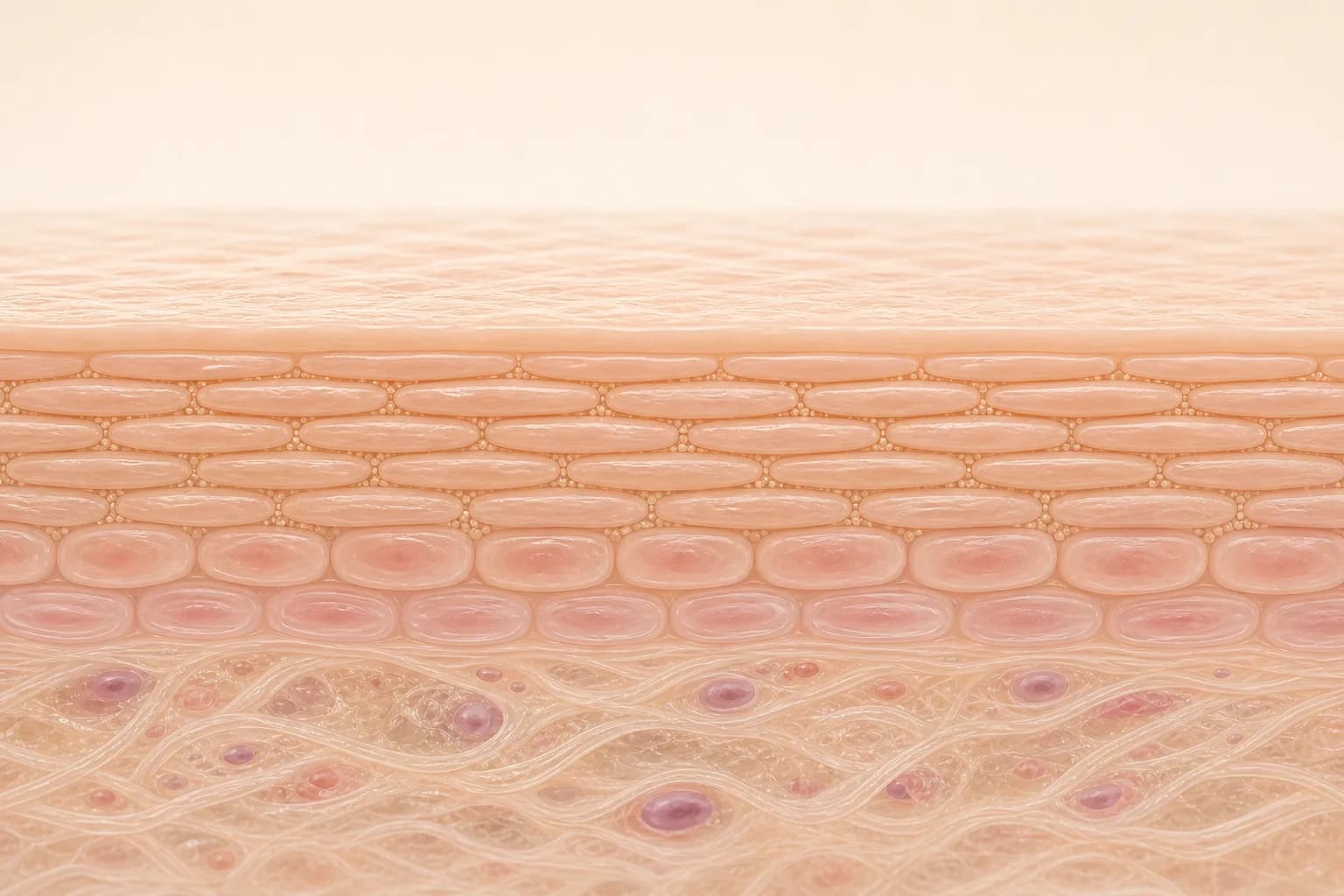 Scientific illustration of a balanced skin barrier with smooth, orderly layers