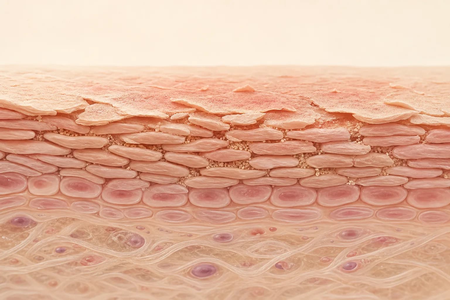 Scientific illustration of a compromised skin barrier with irregular outer layers
