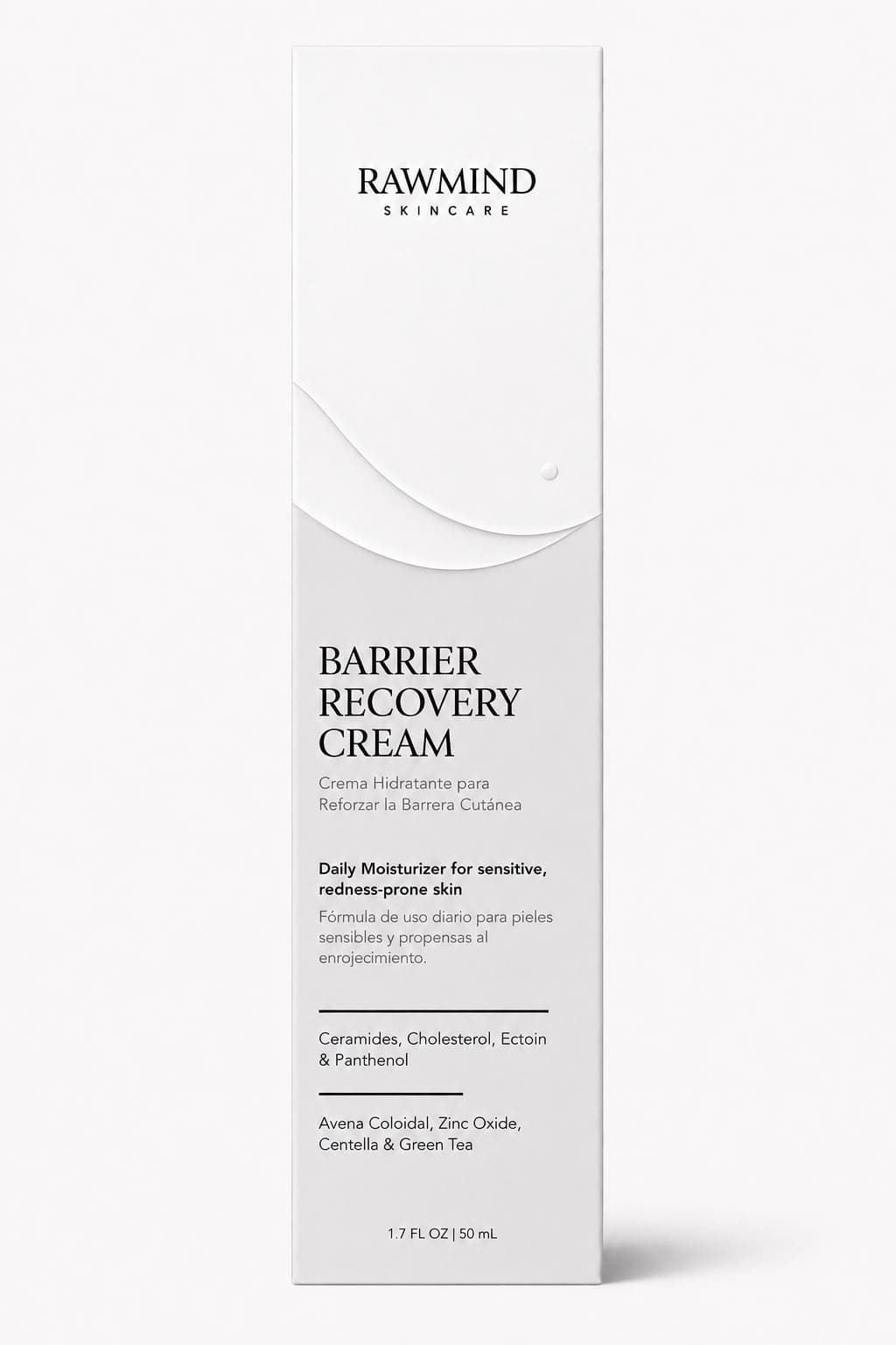 Caja de RawMind Barrier Recovery Cream con información de la fórmula