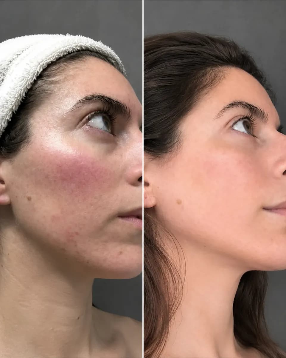 Emily side-by-side comparison showing cheek redness before and after