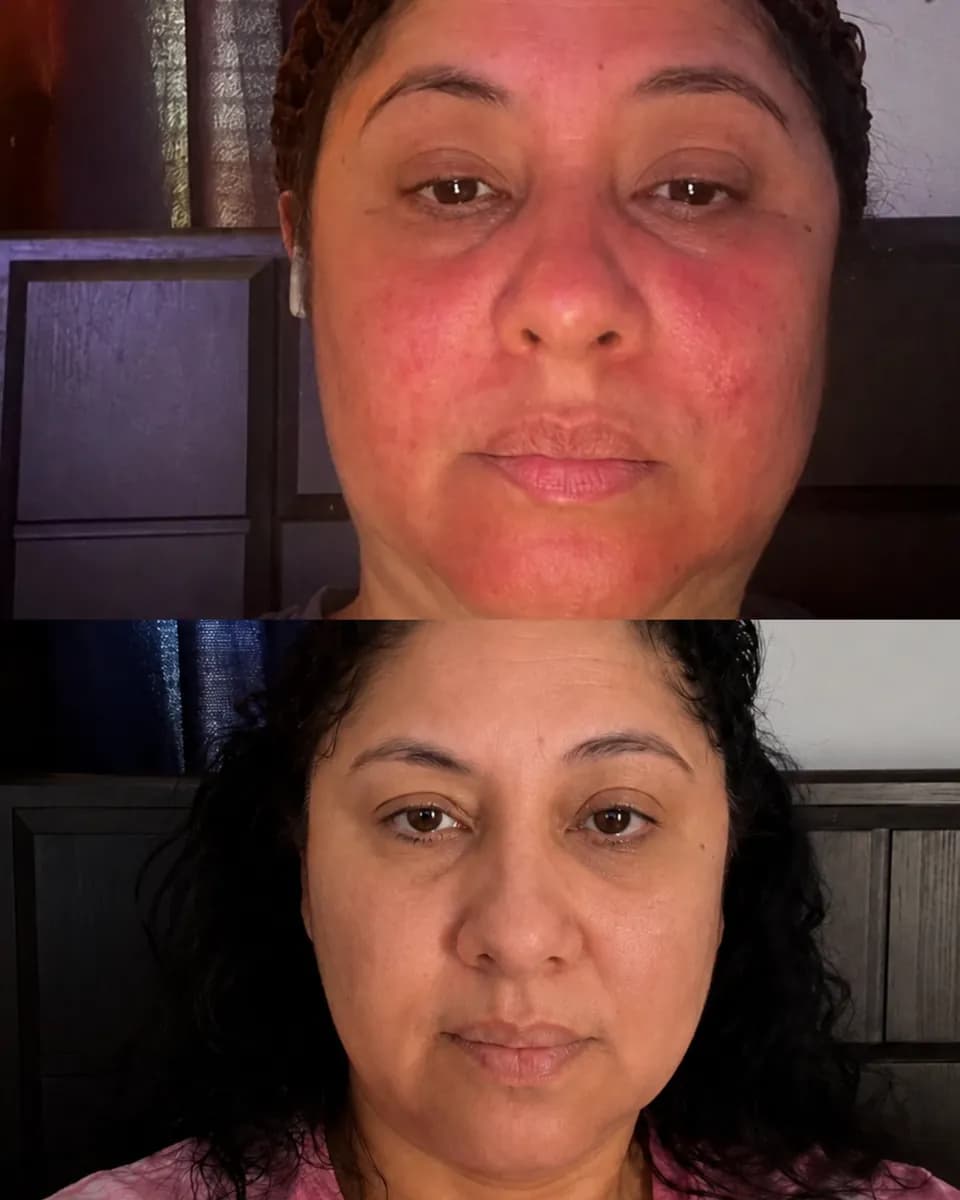 Olga before and after comparison showing visible facial redness
